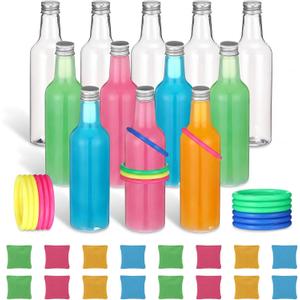 Leitee 56 Pcs Easter Ring Game Toss Happy Easter Day Plastic Bottle Labels Bean Bag Backyard with Mixed Color Rings Hoops for Adults Family Outside Sport Party