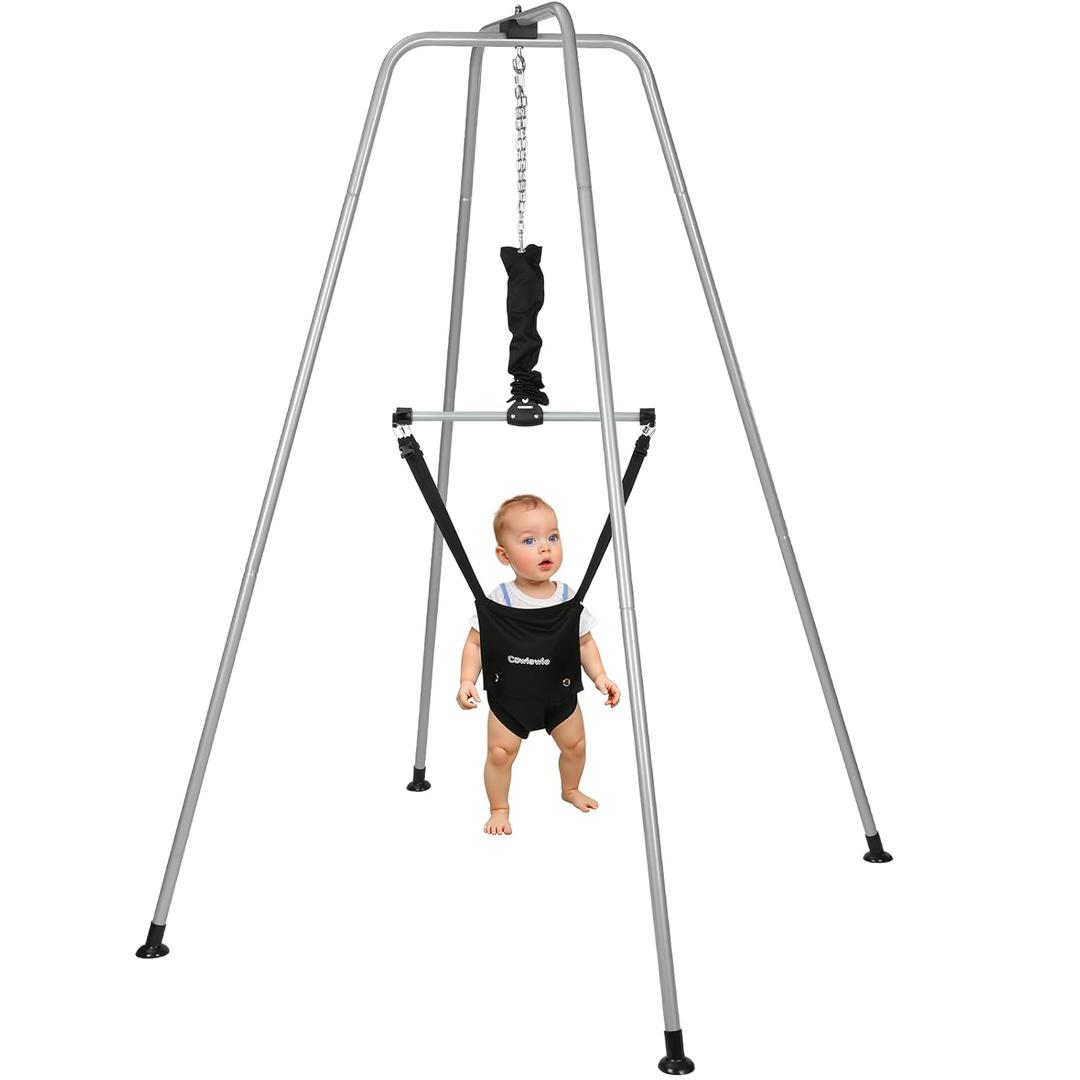 Cowiewie Baby Jumper with Stand, Baby Jumper 2 in 1 Walking Harness Function, Quick-Folding Stand for Easy Storage, 6-12 Months Baby Infants