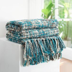 Multi-Color Teal Cable Knitted Throw Blanket for Couch,50"X60" Boho Style Textured Blankets for Home Decor,Super Soft Warm Cozy Chunky Knit Blanket with Decorative Tassels for Bed and Sofa
