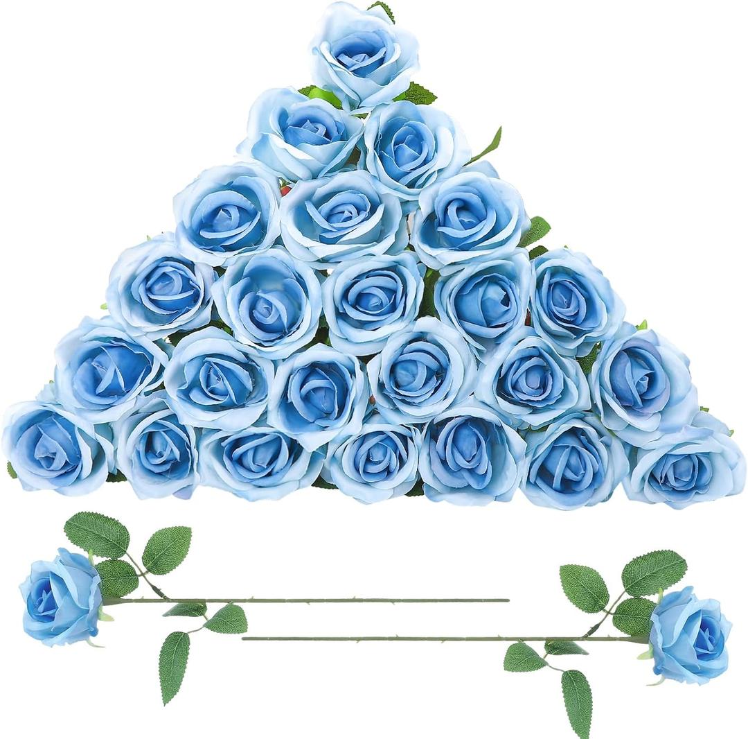 24 Pcs Sky Blue Rose Artificial Flowers with Long Stem Real Touch Silk Roses Bulk for Wedding, Party, Table Centerpieces Bouquet, Bridal, Home Decor