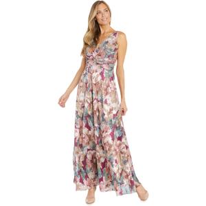 R&M Richards Women's Elegant Textured Floral Print Maxi Dress | V-Neck Gown W/Ruched Knotted Waist | Evening Cocktail Party (10 Petite)