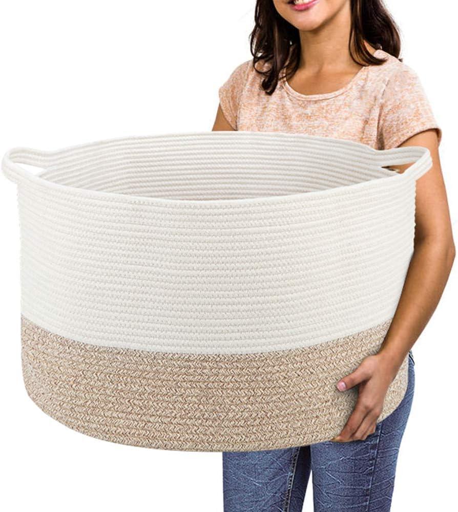 Extra Large Cotton Rope Basket 22" x 14" - Toy Basket for Kids -Blanket Basket for Living Room - Woven Baskets for Storage (White + Beige)