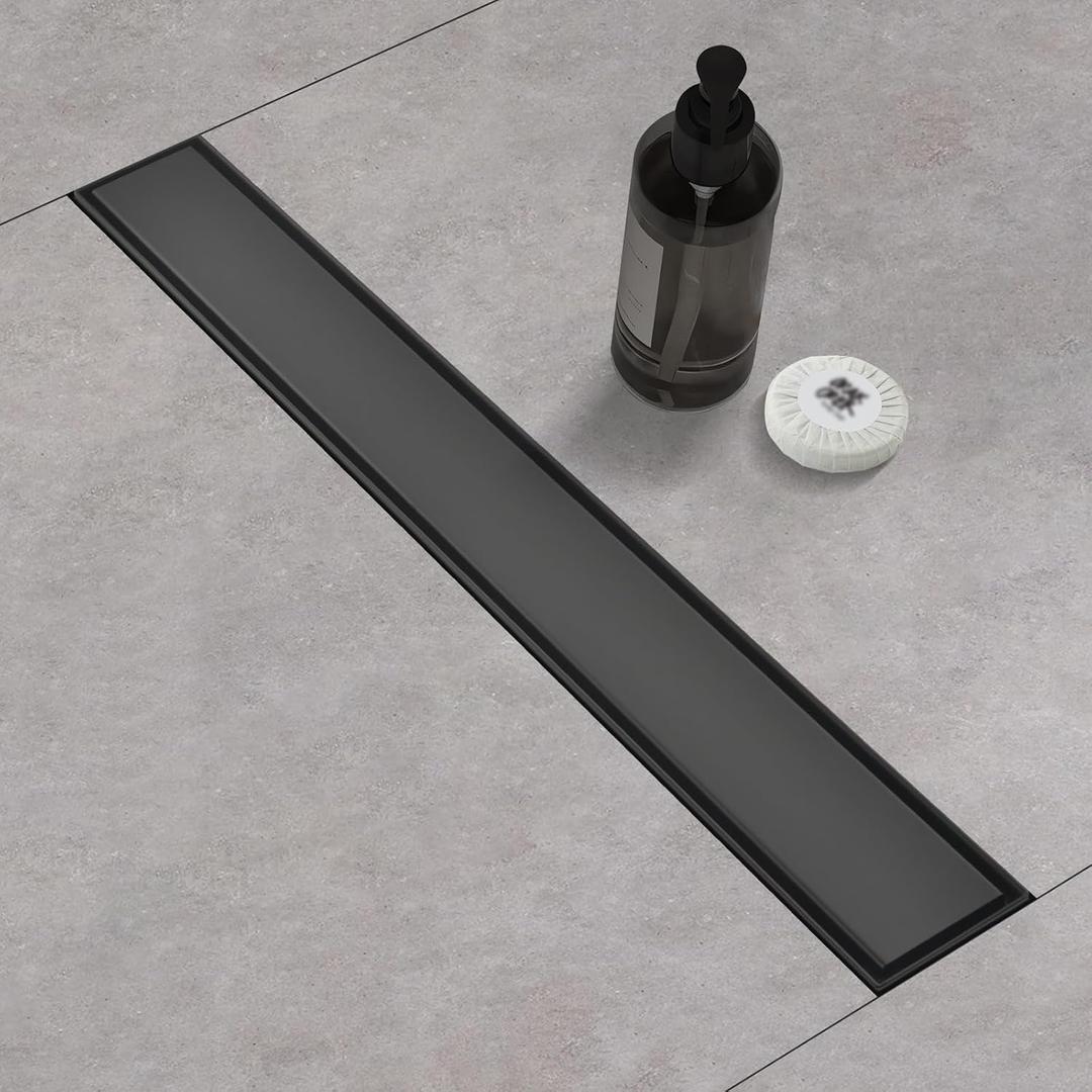 Linear Shower Drain with Tile Insert Panels 48 Inch Black 304 Stainless Steel Rectangle Shower Floor Drainwith Hair Catcher, Adjustable FeetFits Bathroom, Balcony