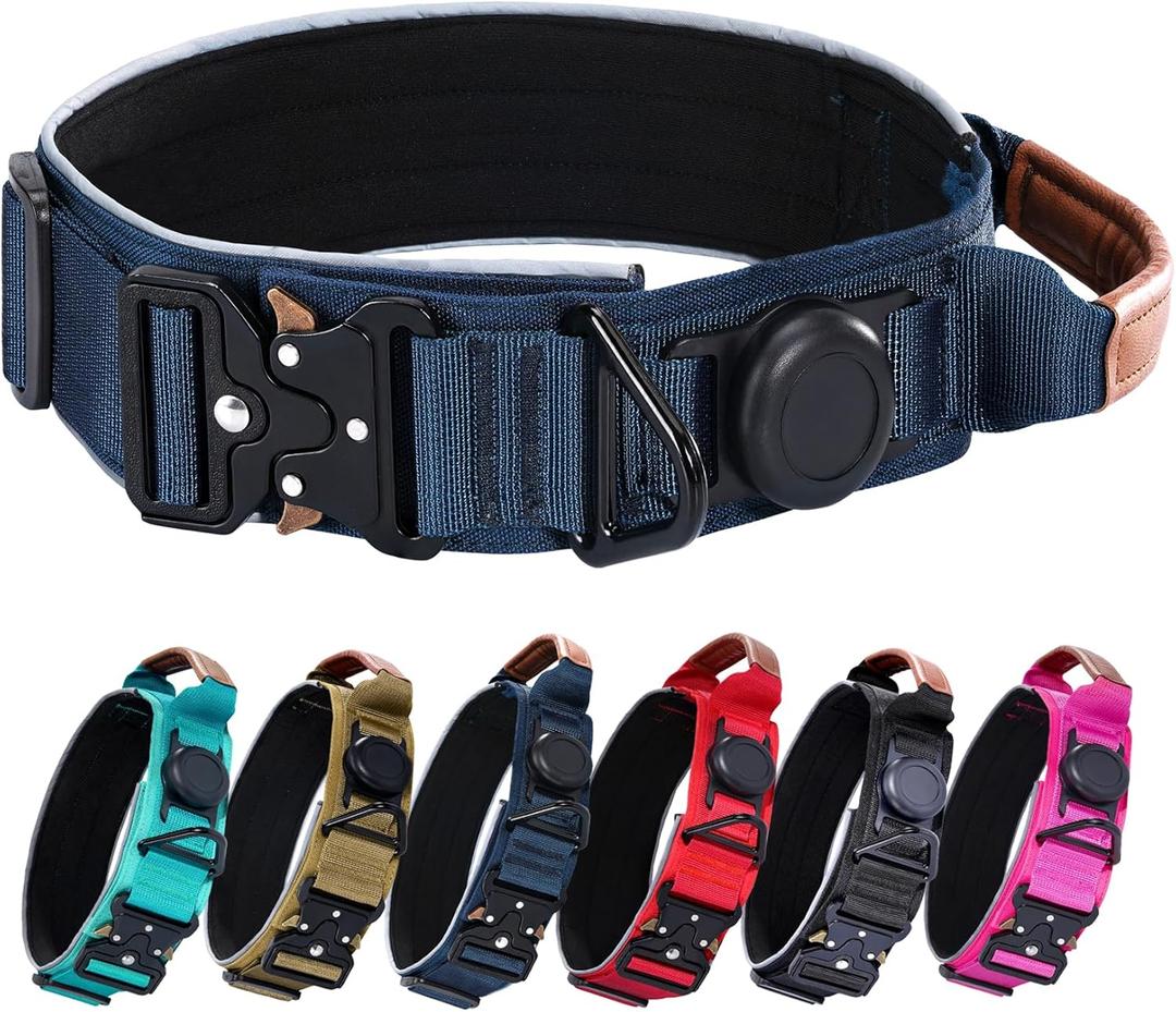 AirTag Dog Collar, 2" Wide Tactical Military Dog Collar with AirTag Holder, Comfortable Leather Handle and Metal Buckle, Reflective, Padded, Heavy Duty GPS Dog Collars for Large Dogs(Dark Blue, L) (Neck Girth: 17.7-24.4)