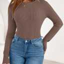 PRETTYGARDEN Womens Long Sleeve Shirts Ribbed Knit Fitted Cute Tops for Women Trendy Basic Pullover Shirt Fall Clothes (Brown, XXL)