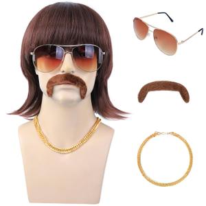 morvally 5pcs Set 70s 80s Disco Wig with Mustache Glasses and Chain | Short Brown Mens Mullet Wig for 60s Singer Rocker Hippies Costume Cosplay Halloween Party morvally 5pcs Set 70s 80s Disco Wig with Mustache Glasses and Chain | Short Brown Mens Mullet Wig for 60s Singer Rocker Hippies Costume Cosplay Halloween Party