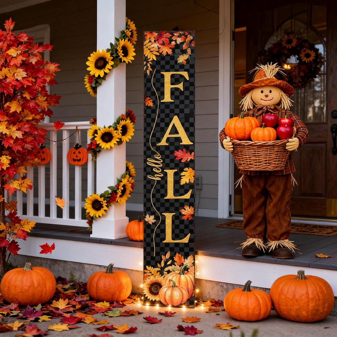Farmhouse Autumn Wooden Welcome Sign Stand for Front Door, 47" Rustic Large Fall Welcome Porch Sign Wall Hanging for Thanksgiving, Vertical Tall Porch Leaner Decor for Outdoor Patio Garden