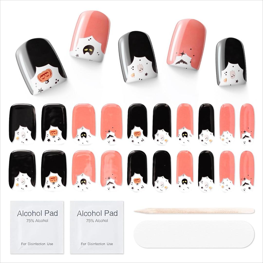 7 x Semi Cured Gel Nail Strips|Works with Any UV/LED Lamps|20 Pcs Gel Nail Stickers|Long-Lasting Two Weeks and Easy to Apply & Remove|Cute Halloween