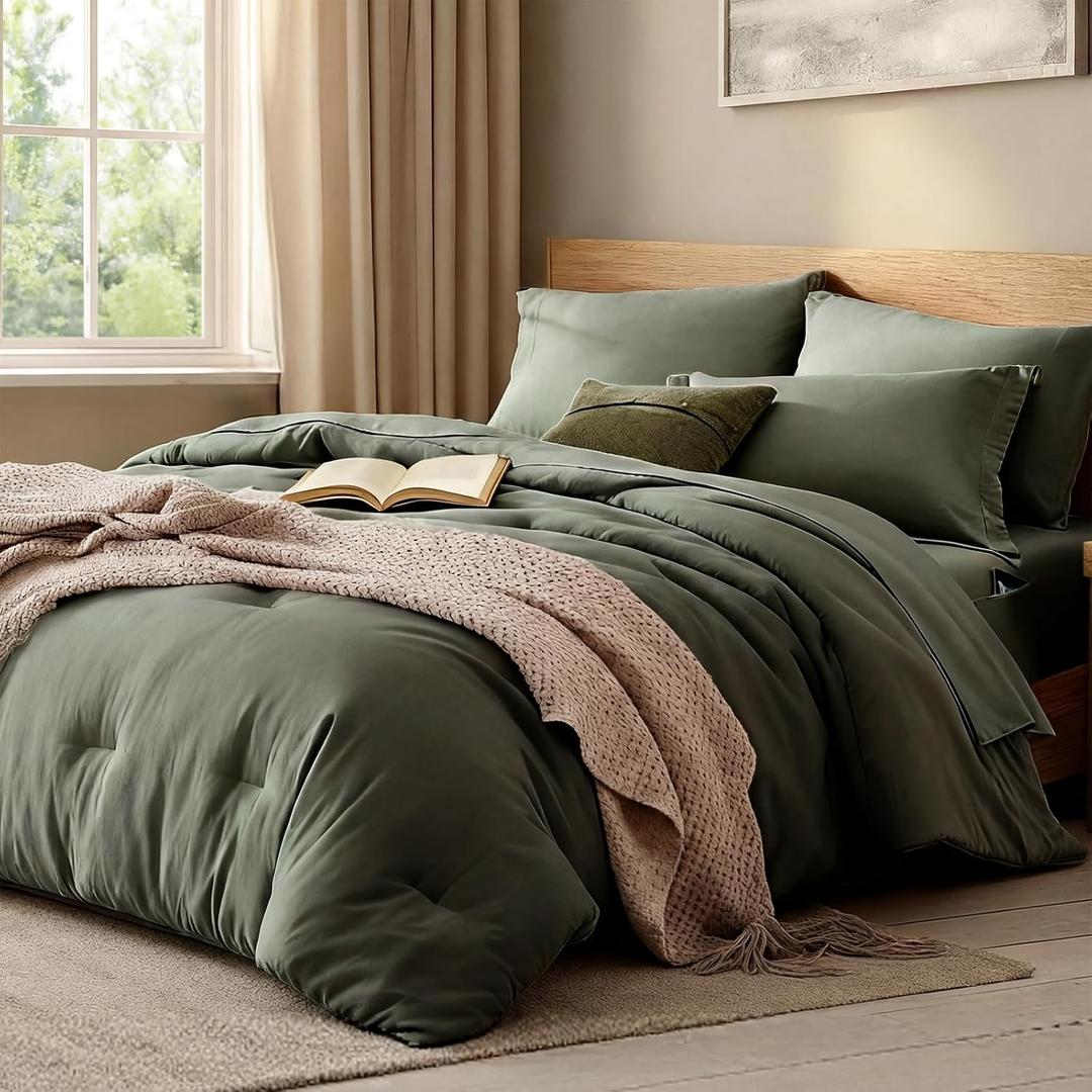 WRENSONGE King Size Comforter Set- 7 Pieces Soft Olive Green Bed in a Bag King with Fitted Sheet, Flat Sheet, 2 Pillow Shams, and 2 Pillowcases-Warm King Bedding Set for All Season