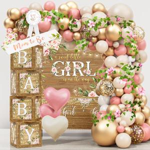 Baby Shower Decoration for Girl, Pink Rose Gold Baby Shower Party Supplies, Floral Gender Reveal Party Decor, Baby Boxes, Mom to Be Sash and Dad to Be Pin, Pink Balloon Arch Backdrop Tablecloth