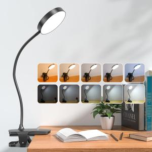 Mubarek Clip on Lamp,5 Brightness+5 Color Clip on Light,200LM 36 LED Reading Lights for Books in Bed,1800mAh Battery Powered Lamp Battery Operated Lights,Rechargeable Desk Lamp with Clamp Light (Black)