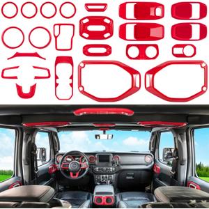 23PCS Full Set Interior Decoration Trim Kit for Jeep Wrangler JL JLU Gladiator JT 2018-2023 Steering Wheel Door Handle Air Conditioning Vent Cup Holder Reading Light Headlight Switch Gear Cover (Red)
