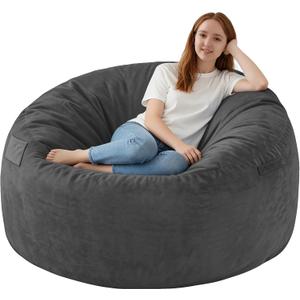3FT Bean Bag Chair, Comfy Bean Bag Chairs with Memory Foam Filled, Fluffy Beanbag Sofa with Dutch Velvet Cover, Round BeanBag Chairs for Living Room, Playroom- Grey