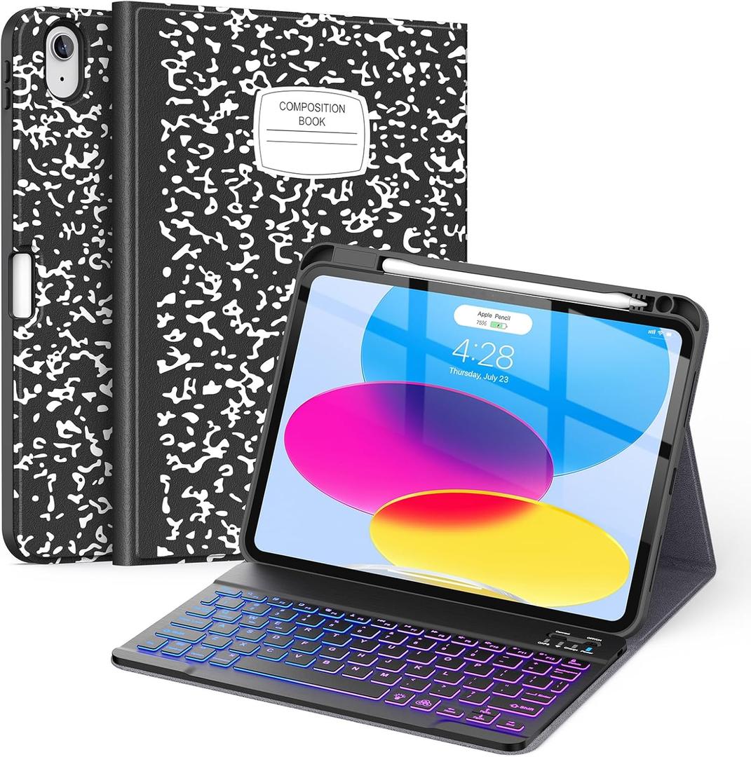 Supveco Keyboard Case for iPad (A16) 11th/10th Generation 11&10.9 Inch with Pencil Holder,7 Colors Backlit Wireless Detachable Folio Keyboard Cover for iPad 11th/10th Gen 2025/2022-Notebook