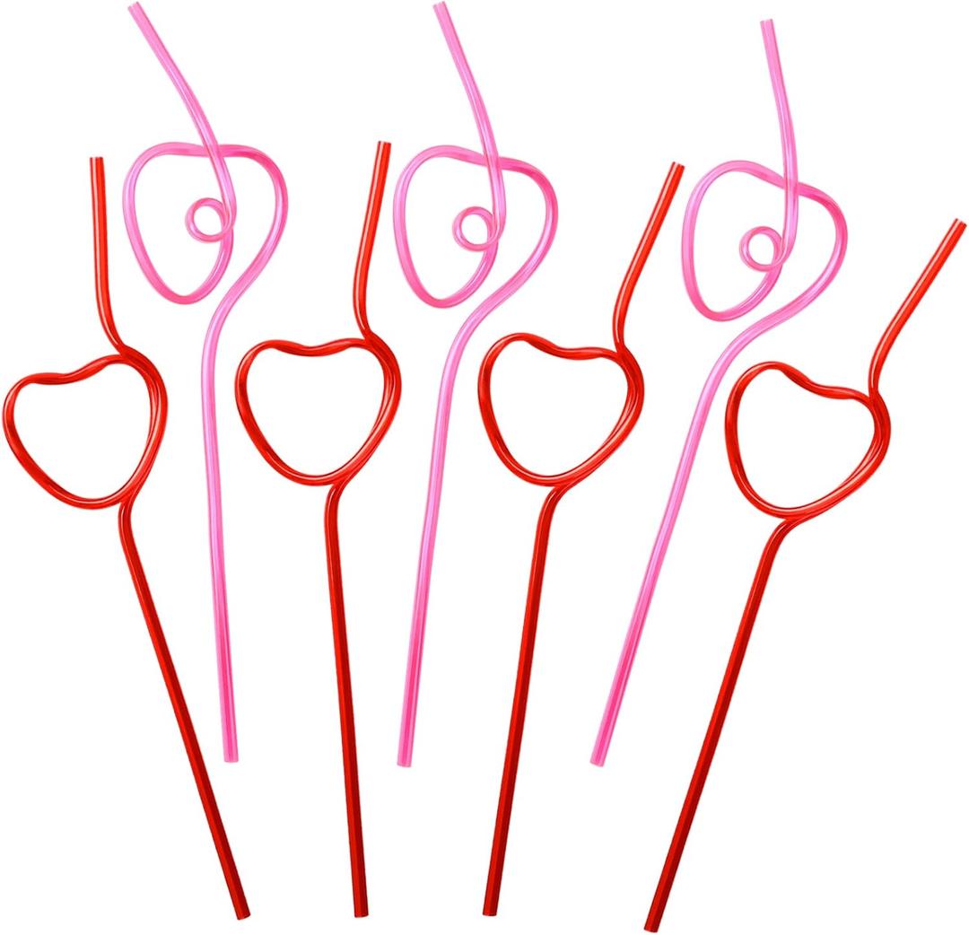 36PCS Valentines Day Party Straws Supplies  Heart Drinking Plastic Crazy Loop Galentine's Party Decorations