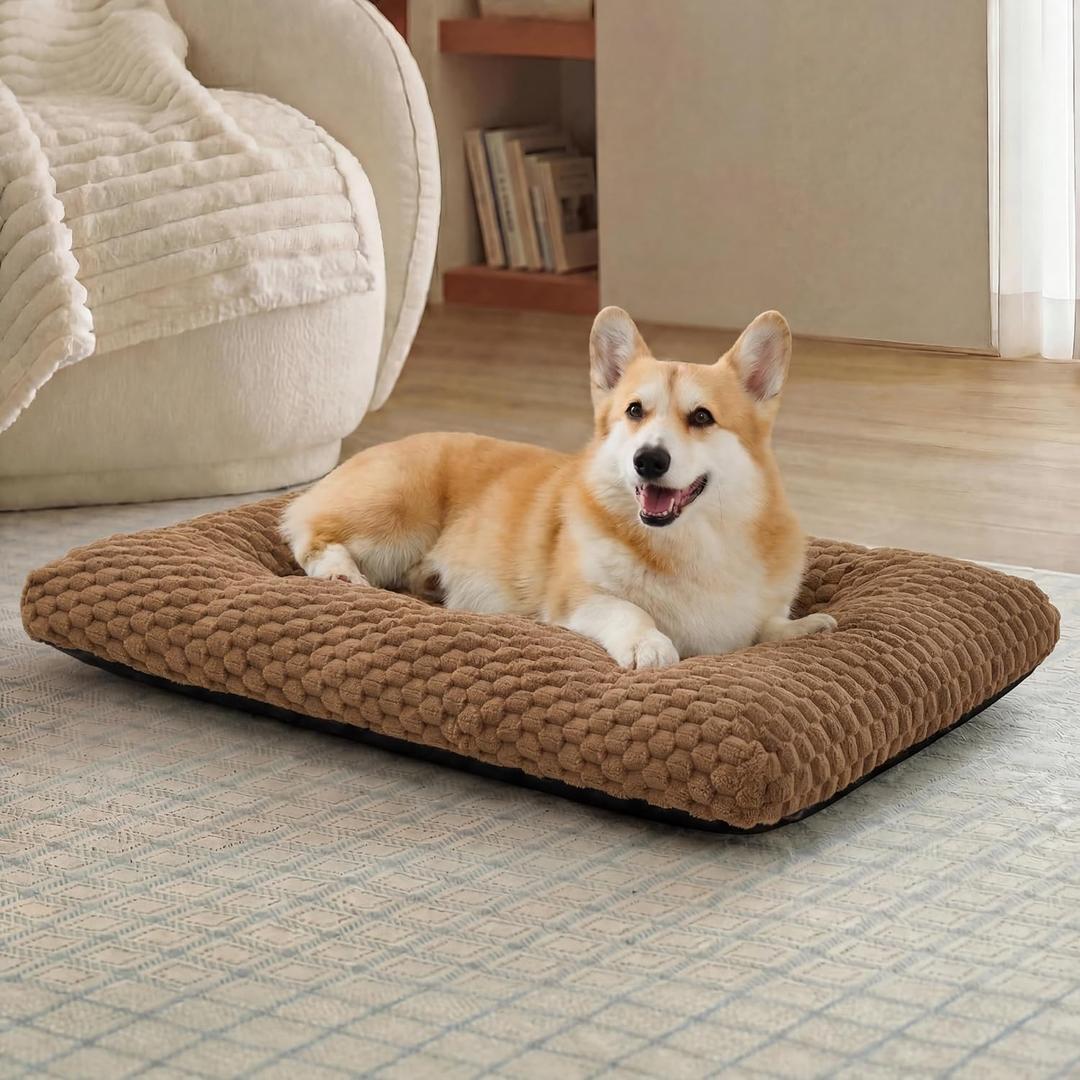 Bedsure Washable Dog Bed for Crate Large Sized Dog, Soft Fluffy Bubble Fleece Pet Bed Mat for Deep Sleep, Non-Slip Machine Washable Kennel Sleeping Pad for Crate/Floor/Car, 35"x23"x3.5" Camel Brown