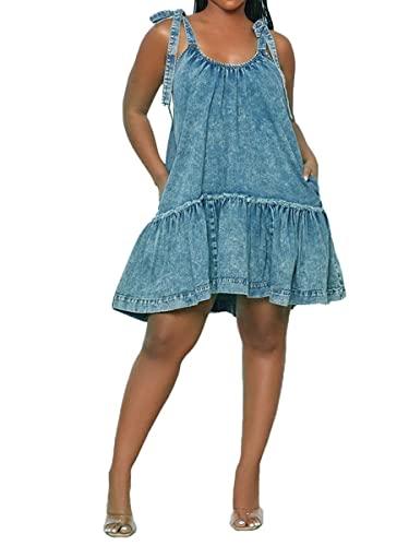 Vidifid Women Denim Cami Dress Tie Shoulder Ruffle Hem Short Dresses Babydoll Wash Jean Sundress with Pocket Blue XL