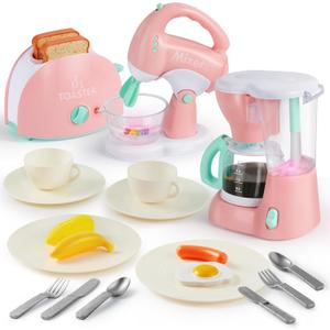 Joyin Play Kitchen Toys, Pretend Play Food Kitchen Accessories GirlsToy with Coffee Maker, Mixer, Toaster with Realistic Lights& Sounds, Birthday Gift for Kids Ages 2 3 4 5, Pink