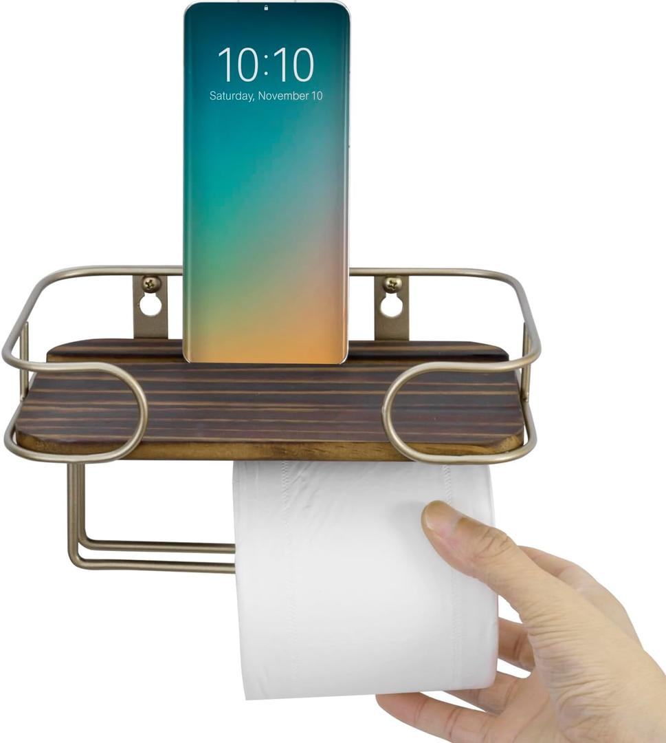 MyGift Modern Wall Mounted Toilet Paper Holder, Vintage Brass Tone Metal Bathroom Tissue Roll Storage and Rustic Burnt Solid Wood Shelf with Phone Stand