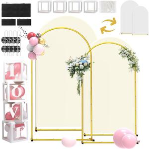 SuuWoee Arch Backdrop Stand Set of 2 With Cover (7.2FT+6FT) Gold Metal Wedding Arch Balloon Stand With Cover for Birthday Party Baby Shower Graduation Ceremony Decoration, 
White + Cream