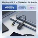 Cable Matters 32.4Gbps Unidirectional USB C to DisplayPort 1.4 Adapter, 4K@240hz, 8K@60hz, and HDR Support - Thunderbolt 4 / USB4 Compatible with iPad Pro, iPhone 16/15 Pro, MacBook, XPS, Surface