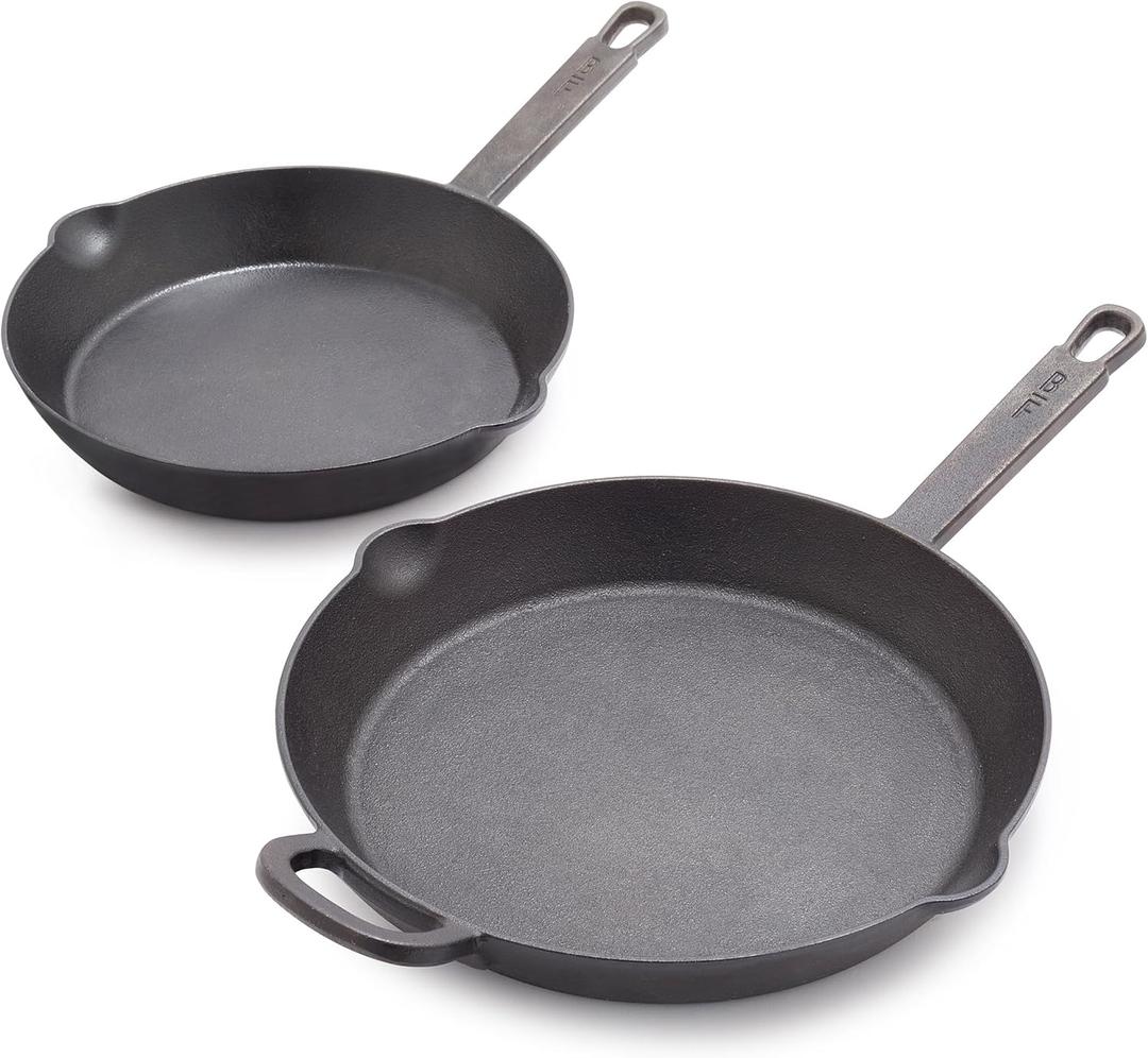GreenPan x Bobby Flay Cast Iron Pre-Seasoned 8 & 10 Frying Pan Skillet Set, Professional Grade Heavy Duty, Pour Spouts, Induction Versatile Stovetop, Oven, BBQ Fire Grill, Indoor & Outdoor Use,Black (8" and 10" Skillet Set)
