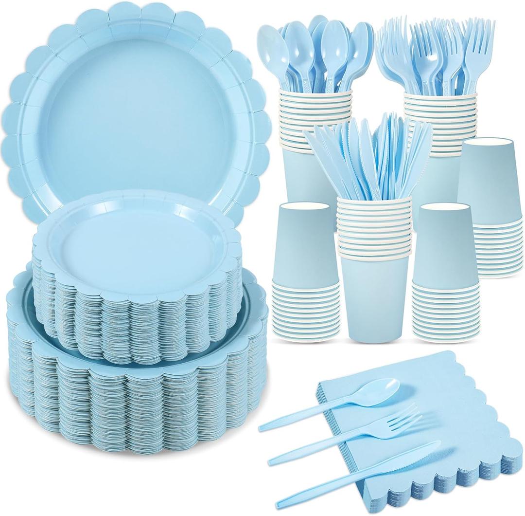Xiangqu 350 Pcs Light Blue Paper Plates and Napkins, Boy Baby Shower Decorations Include Baby Blue Scalloped Plates, Napkins, Cups, Plastic Spoons, Forks, Knives for Bridal Shower, Wedding, Birthday