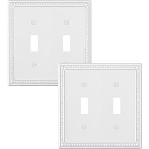 2-Pack Double Toggle Light Switch Cover Plate, Pearls Decorative Dual Switch Plate Covers, Pure White 2 Gang Metal Wall Plate, Corrosion Resistant