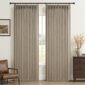 Pinch Pleated Oak Taupe Curtains 90 Inches Long for Patio Sliding Glass Doors 2 Panels Set, Memory Trained Blackout Double Layer Heavy Linen Blend Thermal Noise Cancelling Country Viral Windows Drapes