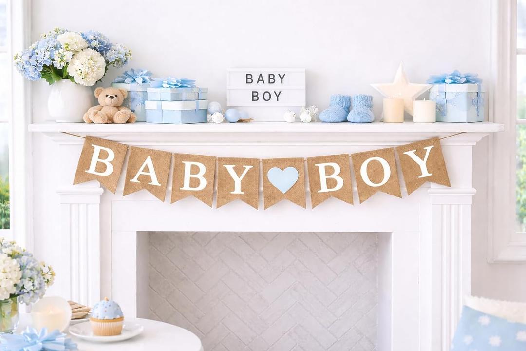 Baby Boy Burlap Banner  5" x 7" Pre-Assembled Jute Flags for Baby Shower & Gender Reveal with a Light Blue Heart