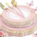 WDF 30Guest Pink Plates Disposable - Hign-end Baroque Design - Gold Plastic Silverware with Handle-Baroque Pink &Gold Plastic Dinnerware for Baby Shower/Wedding/Spring/Mother's Day