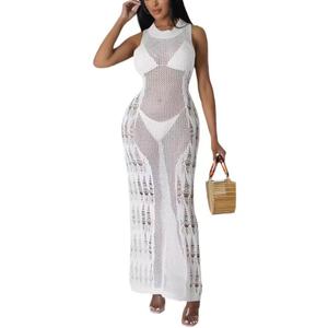 Women's Fashion Sexy Sports Vitality Slim Knitted Round Neck Sleeveless Pleated Dress (White), Size: XXL