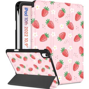 Wazzasoft for iPad A16 Case 2025 - for iPad 10th Generation Case Cute Women Girls Kids Girly Kawaii Strawberry Design Pencil Holder Auto Sleep/Wake Tablet Cover for Apple 11/10 10.9 Inch