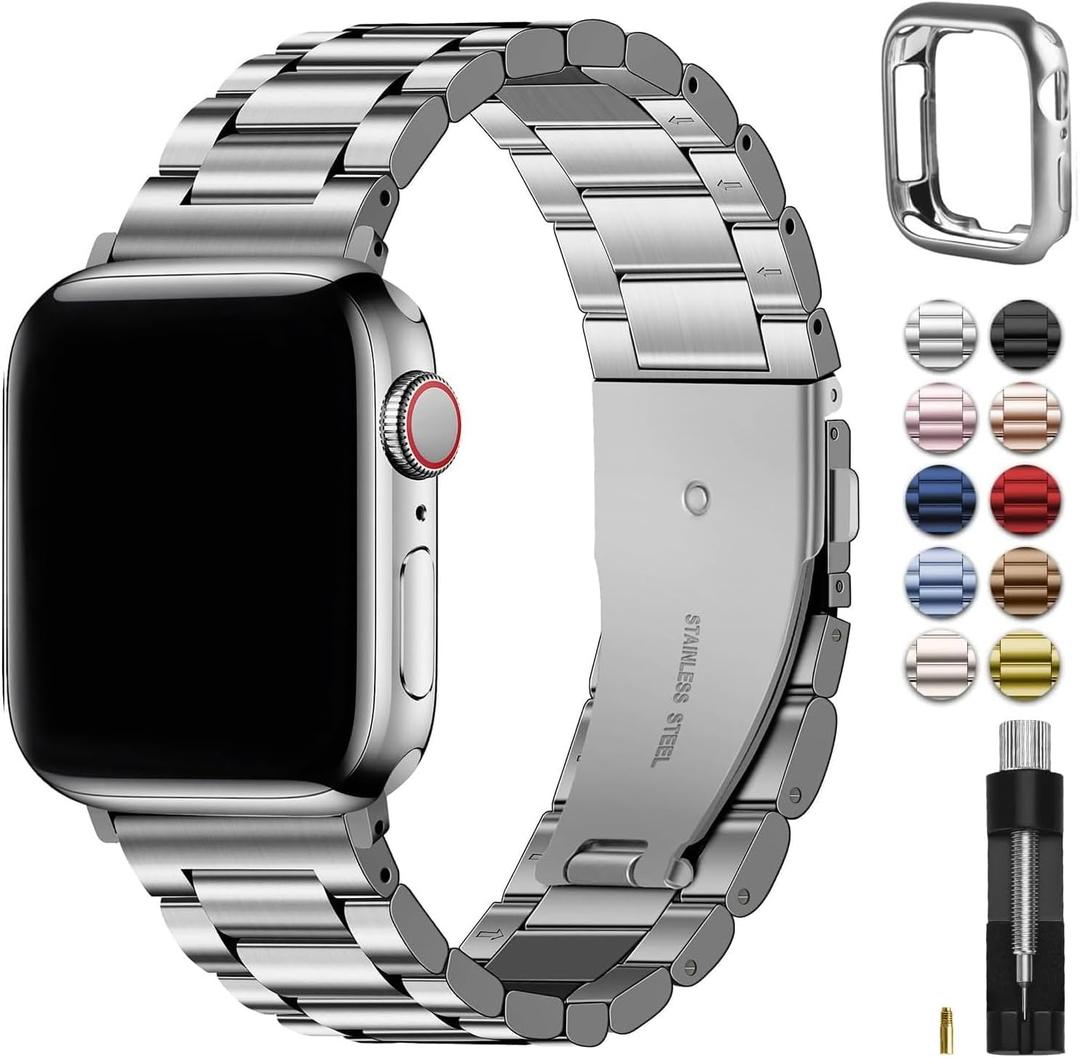 Fullmosa Metal Band Compatible with Apple Watch Bands 45mm 44mm 42mm 46mm 49mm 41mm 40mm 38mm, iWatch Band with Case for Apple Watch Series 11 10 9 8 7 6 5 4 3 2 1 SE3/2/1 Ultra3/2/1 , 42mm 44mm 45mm, Silver