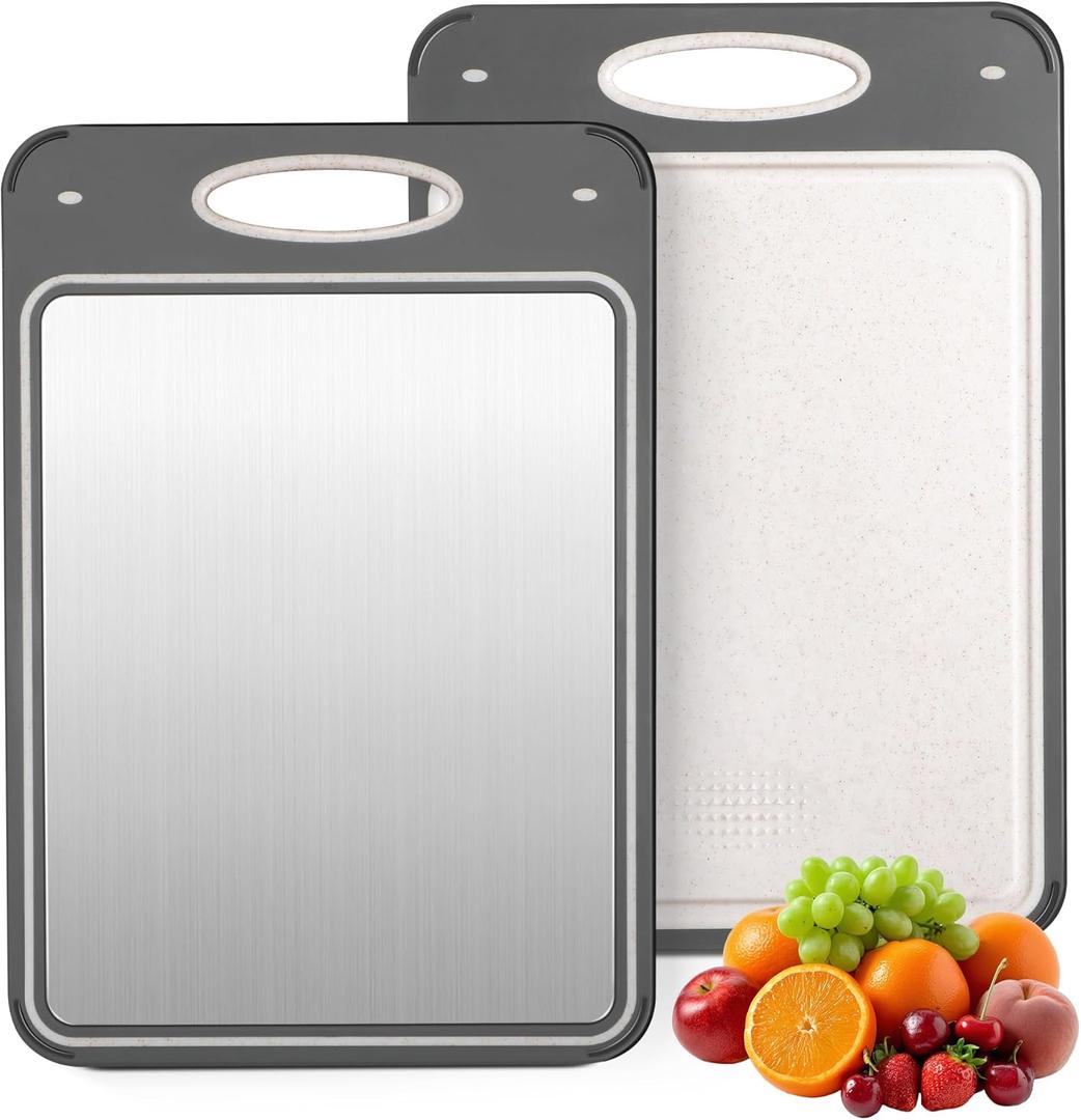 Titanium Cutting Boards for Kitchen Non Toxic  Double Sided Metal for Meat/Fish & Wheat Straw PP for Fruits/Vegetables, Dishwasher Safe, Hygienic, 100% Pure Titanium Easy Clean Chopping Board