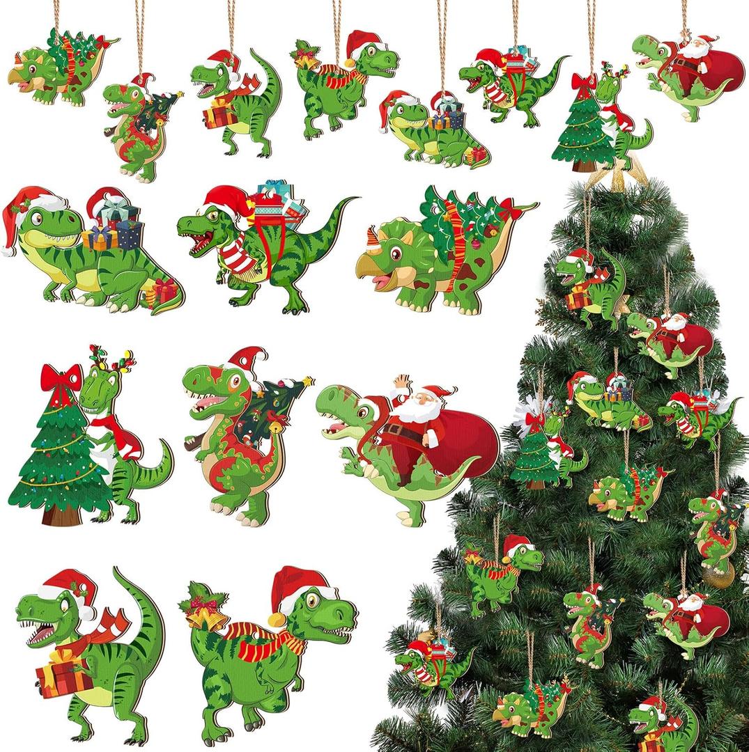 BBTO 40 Pcs Christmas Dinosaur Ornaments Christmas Tree Topper Ornaments Wood Decorative Hanging Dinosaur Wooden Decors for Tree Xmas Party Holiday Decoration