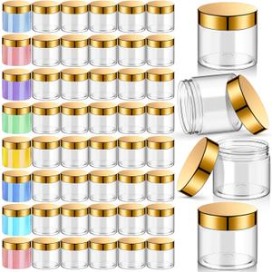 Patelai 48 Pack 1 oz Clear Plastic Jars with Gold Lids Empty Containers Round Clear Plastic Jars Widemouth Refillable Storage Organizers for Cosmetics Lotions Butters Slime Making and Food Storage