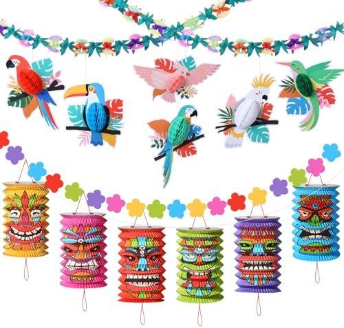Capoda Luau Party Decorations Set Hawaiian Tropical Hibiscus Garland Tiki and Flowers Lanterns Banners Tropical Birds Honeycomb for Hawaiian Summer Birthday Beach Theme Party Supplies Jungle Decor