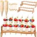 Queekay 100 Disposable Wood Cones for Food with 2 Pcs 12 Holes Charcuterie Cones Holder Stand Ice Cream Cone Display Stand 100 Fancy Toothpicks for Appetizers Catered Events Wedding Buffets Parties
