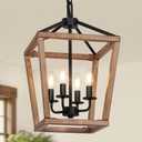 4 Light Farmhouse Chandelier, Lantern Ceiling Light Fixture with Brushed Rustic Wood Metal Cage and Adjustable Chain, E12 Base Geometric Hanging Lights for Dining Room Kitchen Island Entryway, Indoor