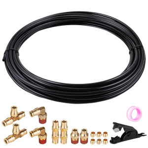 HOTROSE 60 FT 1/4" DOT Air Line Kit with 18 Brass Fittings, Nylon Air Hose, Black, 60 Feet, 1/4" NPT Push To Connect Fittings, Suspension Kit, Schrader Valves