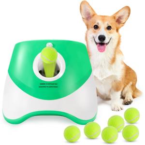 Dog Ball Thrower Launcher, Automatic Launcher with 6 Mini Tennis Balls, Interactive Dog Toys Indoor Outdoor Ball Thrower Machine for Small Dogs with 3 Distance Settings