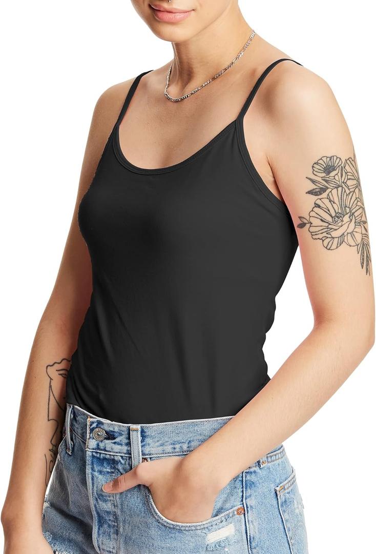 Hanes Women's Cami with Built-in Shelf Bra, Stretch Cotton Camisole, Adjustable Straps (Black -1 Pack), Small