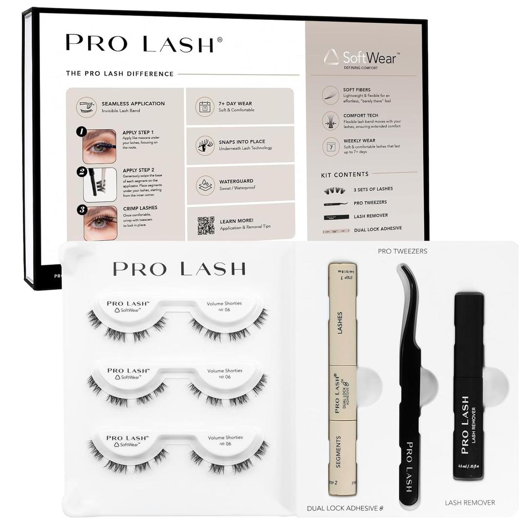 Pro Lash SoftWear Starter Lash Clusters Kit - Seamless, Lightweight Lashes - 7-Day Eyelash Extensions - 3 Sets of False Eyelashes Plus Adhesive, Remover, Tweezers - Volume Shorties No. 06 Black