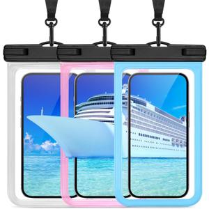 2025 3-Pack Waterproof Phone Pouch, Cruise Ship Essentials Must Haves Dry Bag for Vacation Beach Travel Kayak Boat Accessories, Water Proof Phone Case for iPhone 16 15 14 13 12 Plus Pro Max (White+Pink+Blue)