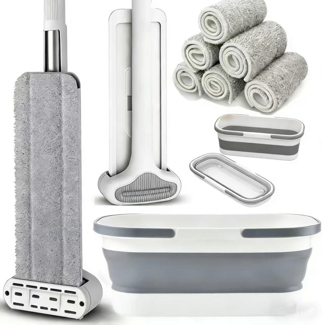 Bucket with Wringer Set, 6 Piece Microfiber Flat Mop Cleaning System with Long Handle, Hands Free Floor Cleaner for Hardwood, Tile & Wall (1 Mop + 6 Microfiber Pads + 1 Bucket)