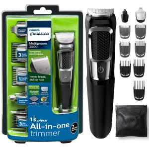 Norelco Philips Multigroomer All-in-One Trimmer Series 3000, 13 Piece Mens Grooming Kit, for Beard, Face, Nose, and Ear Hair Trimmer and Hair Clipper, NO Blade Oil Needed, MG3750/60