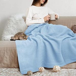 THREAD SPREAD Organic GOTS Cotton Blanket, Queen - 350 GSM, Antistatic, Fuzzy Soft, Lightweight, Sofa, Camping & Travel, Perfect Herringbone All Seasons Throw, Light Blue with Free Tote Bag