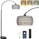 Arc Standing Lamp, Boho Floor Lamps for living room with Remote and LED Dimming Bulb, Rattan Tall Lamp for Bedroom with 3 Color Temperatures, Height Adjustable Farmhouse Stand up Light for Office