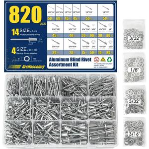 820pcs Pop Rivets Assortment Kit, Aluminum Blind Rivets (14 Sizes: 3/32", 1/8", 5/32", 3/16", 1/4"), with 304 Stainless Steel Washers and Storage Case, Silver